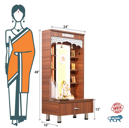 Wooden Mandir 4Ft Height with Floating Shelves and Drawer Storage in Walnut Brown Color with LED Lights