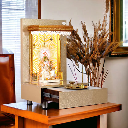 Wooden Mandir In Sparkling Subtle Gold Color with Drawer Storage and Warm White LED Lights