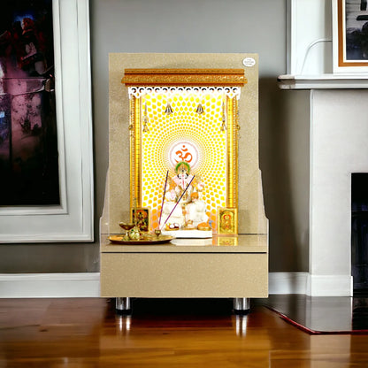 Wooden Mandir In Sparkling Subtle Gold Color with Drawer Storage and Warm White LED Lights