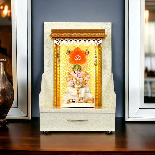 Small Wooden Mandir In Sparkling Silver Color with Drawer Storage and Warm White LED Lights