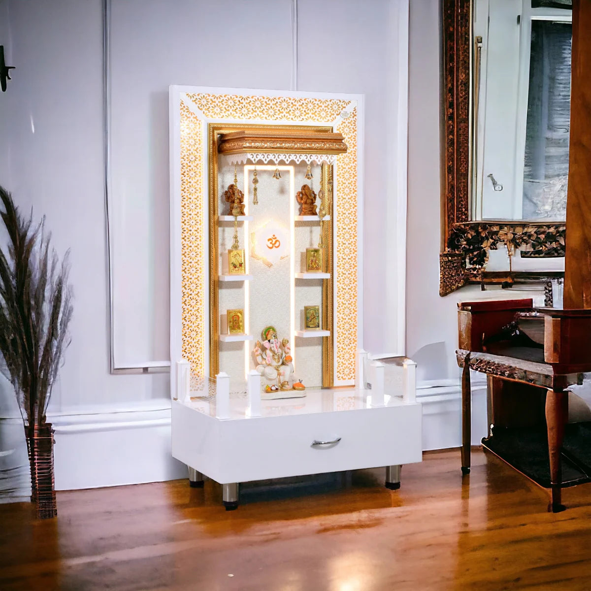 Designer Wooden Mandir with Floating Shelves in White Gloss Color