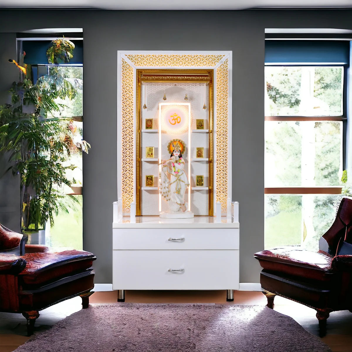 Designer Large Wooden Mandir with Floating Shelves in Hi Gloss White Colour