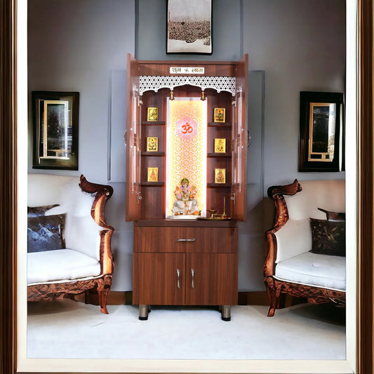 Wooden Mandir 5Ft Height with Floating Shelves Doors