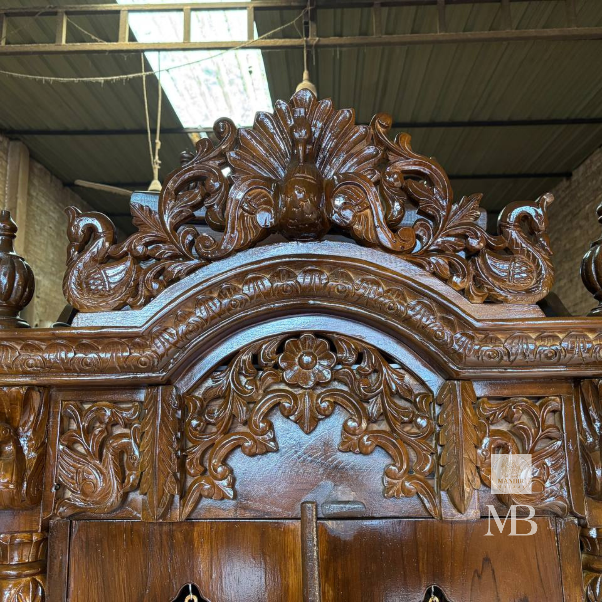Luxury handcrafted solid teak wood pooja mandir with brass bells, carved pillars, storage cabinet, three drawers, walnut brown finish, traditional Hindu temple for home by Mandir Bazaar.