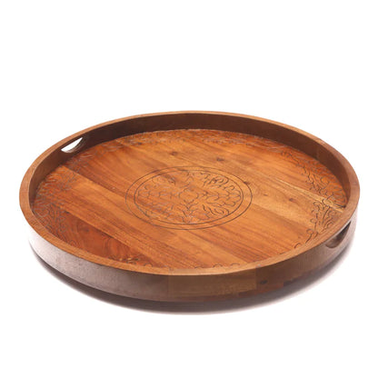 Large Round Stenciled Wooden Tray