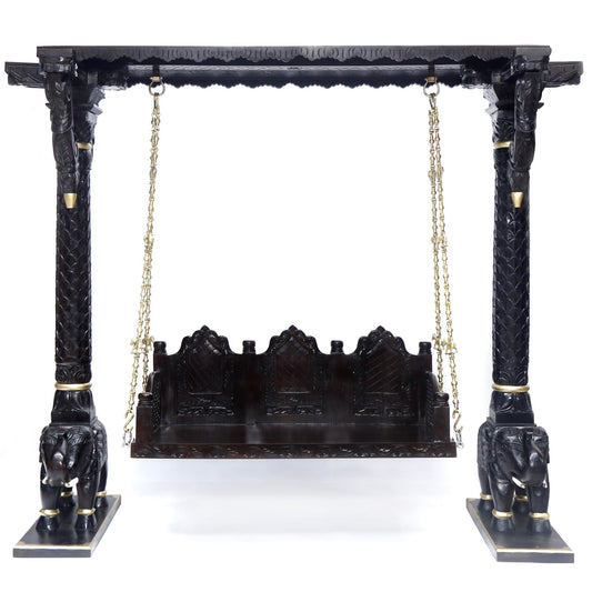 Wooden Brass Chain Royal Carved Elephants pillar Swing