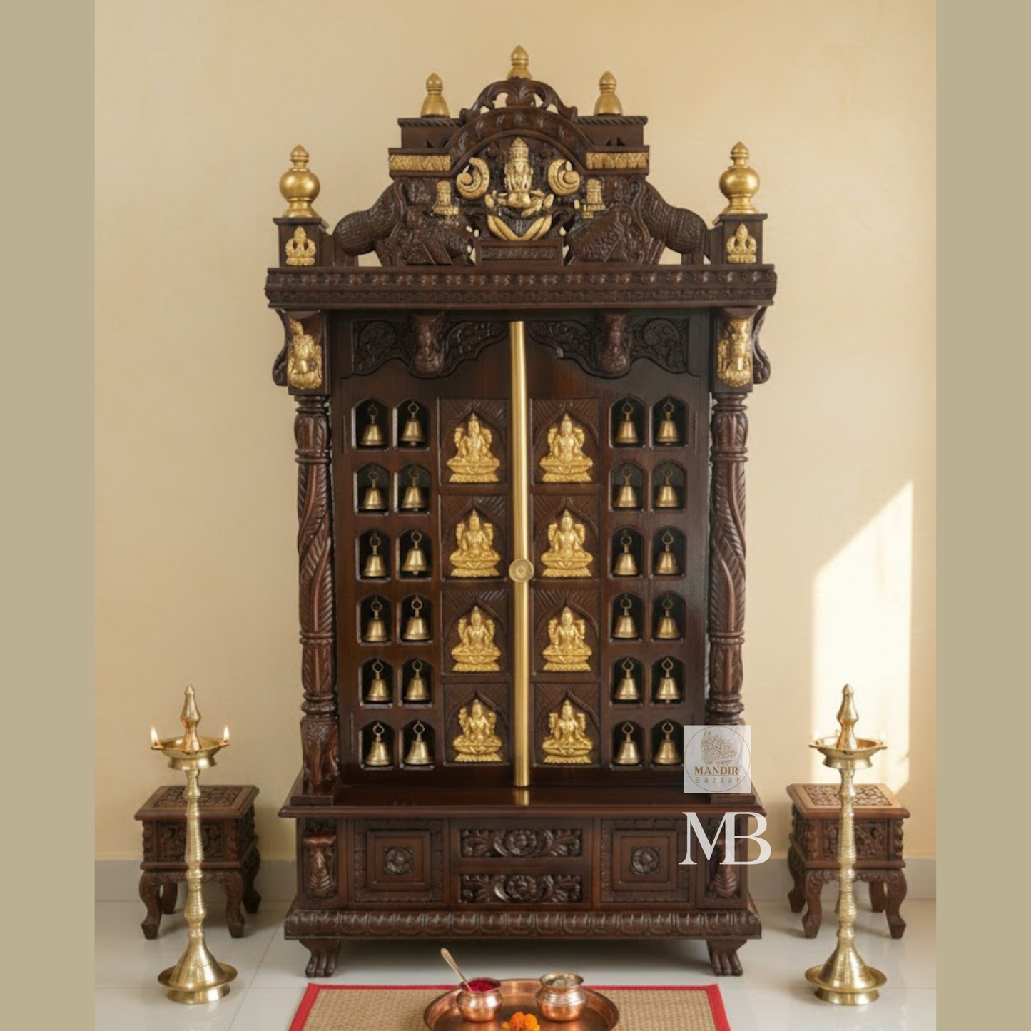 6 feet tall Sheesham wood home temple with brass bells, gold Ashtalakshmi doors, and Ganesha crown