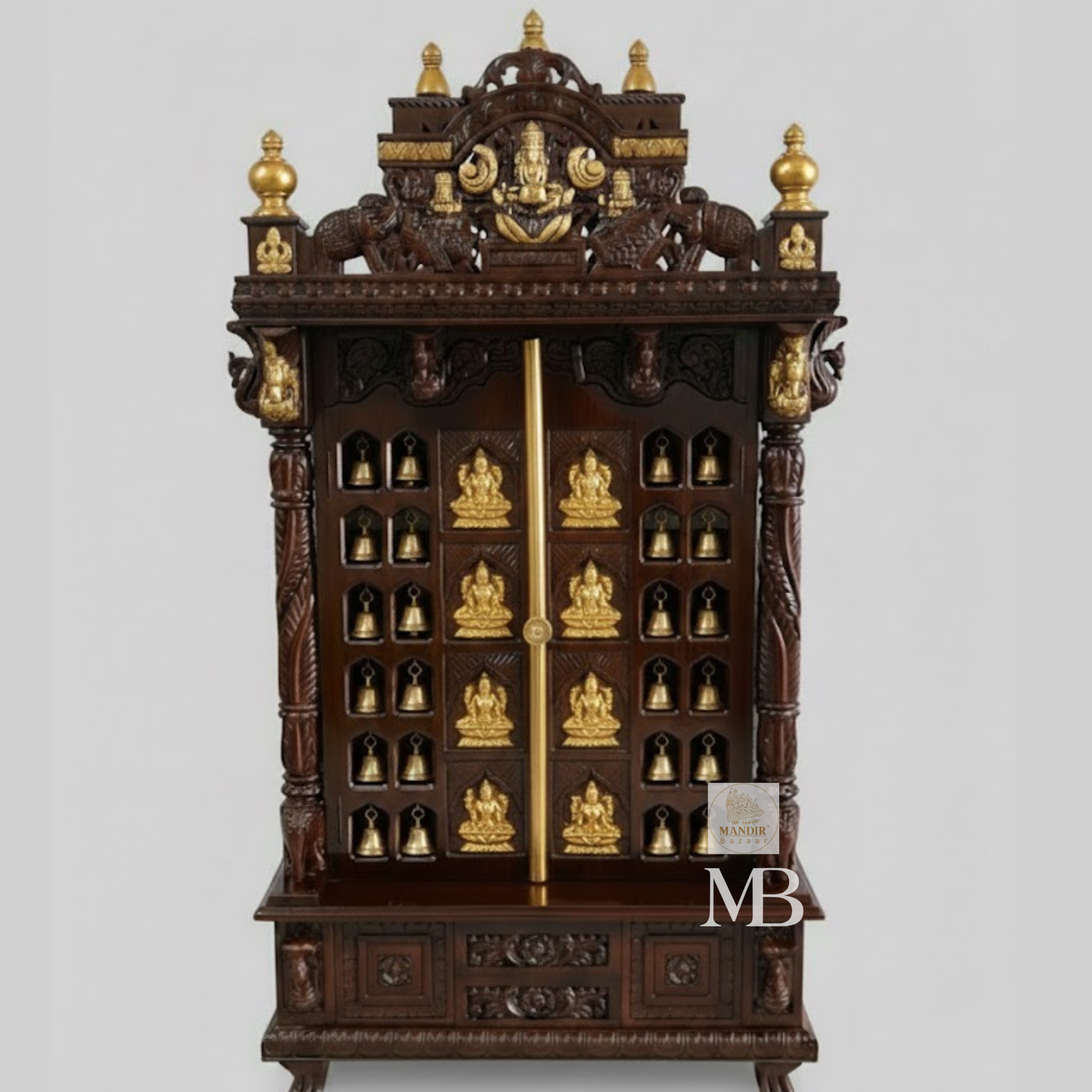 6 feet tall Sheesham wood home temple with brass bells, gold Ashtalakshmi doors, and Ganesha crown
