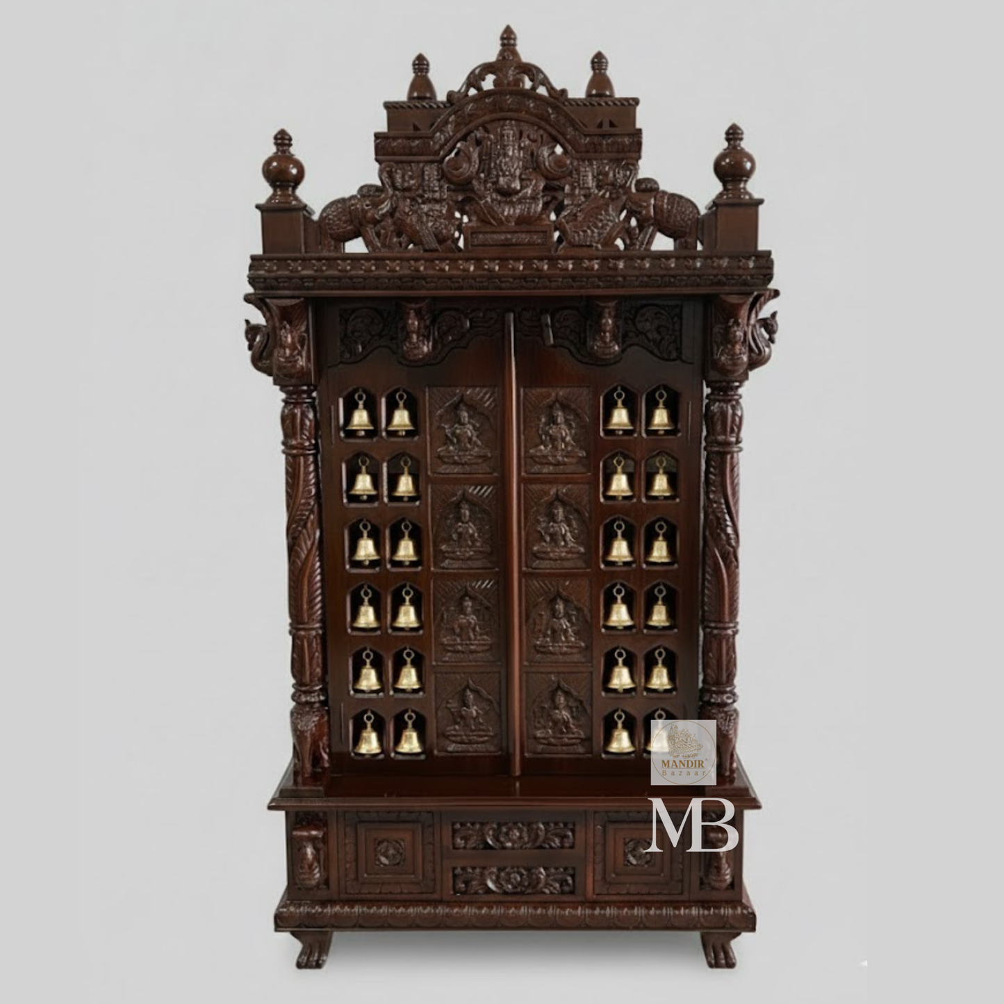 6 feet tall Sheesham wood home temple with brass bells, gold Ashtalakshmi doors, and Ganesha crown