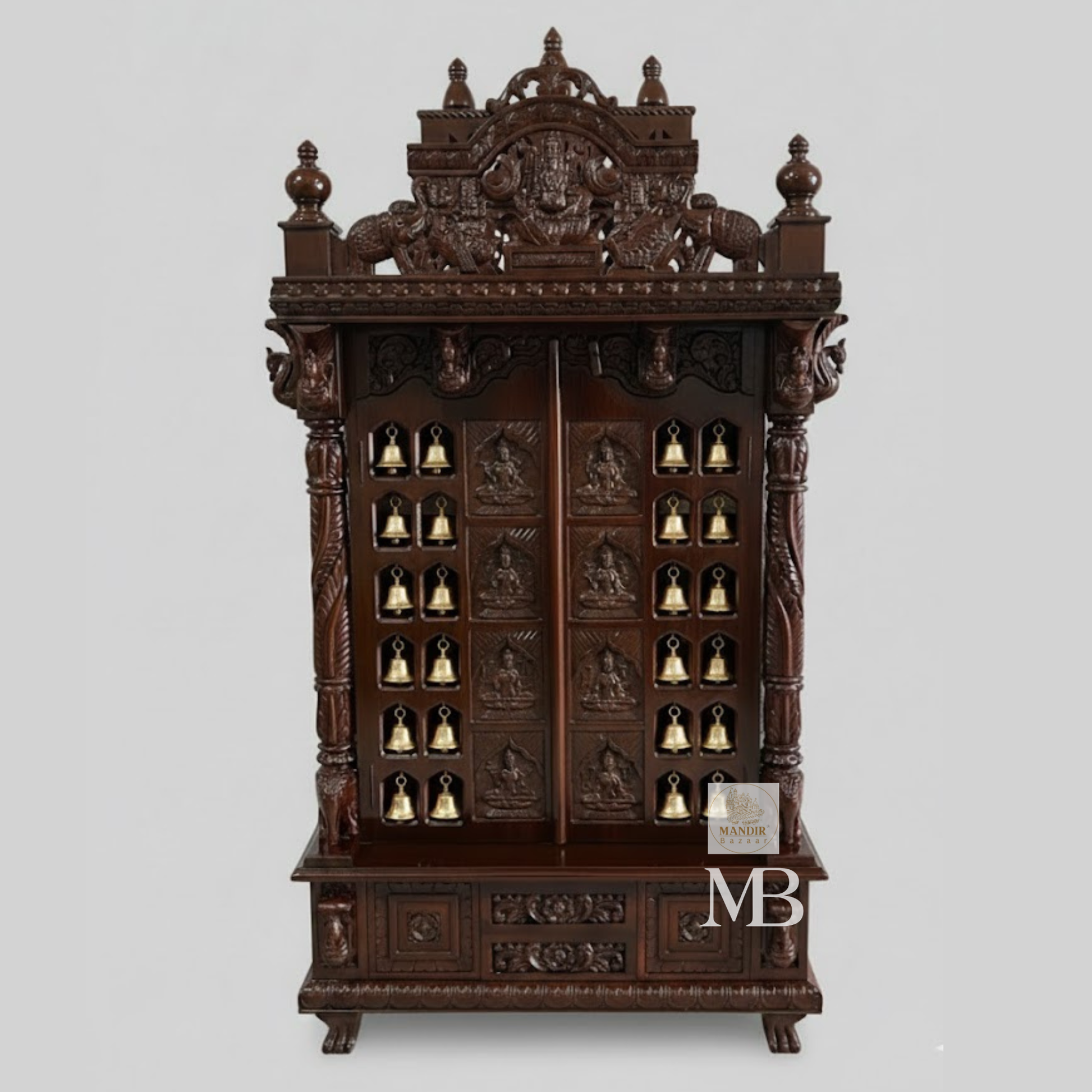 6 feet tall Sheesham wood home temple with brass bells, gold Ashtalakshmi doors, and Ganesha crown
