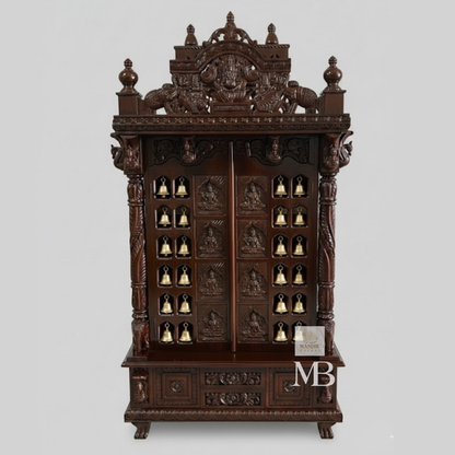 6 feet tall Sheesham wood home temple with brass bells, gold Ashtalakshmi doors, and Ganesha crown