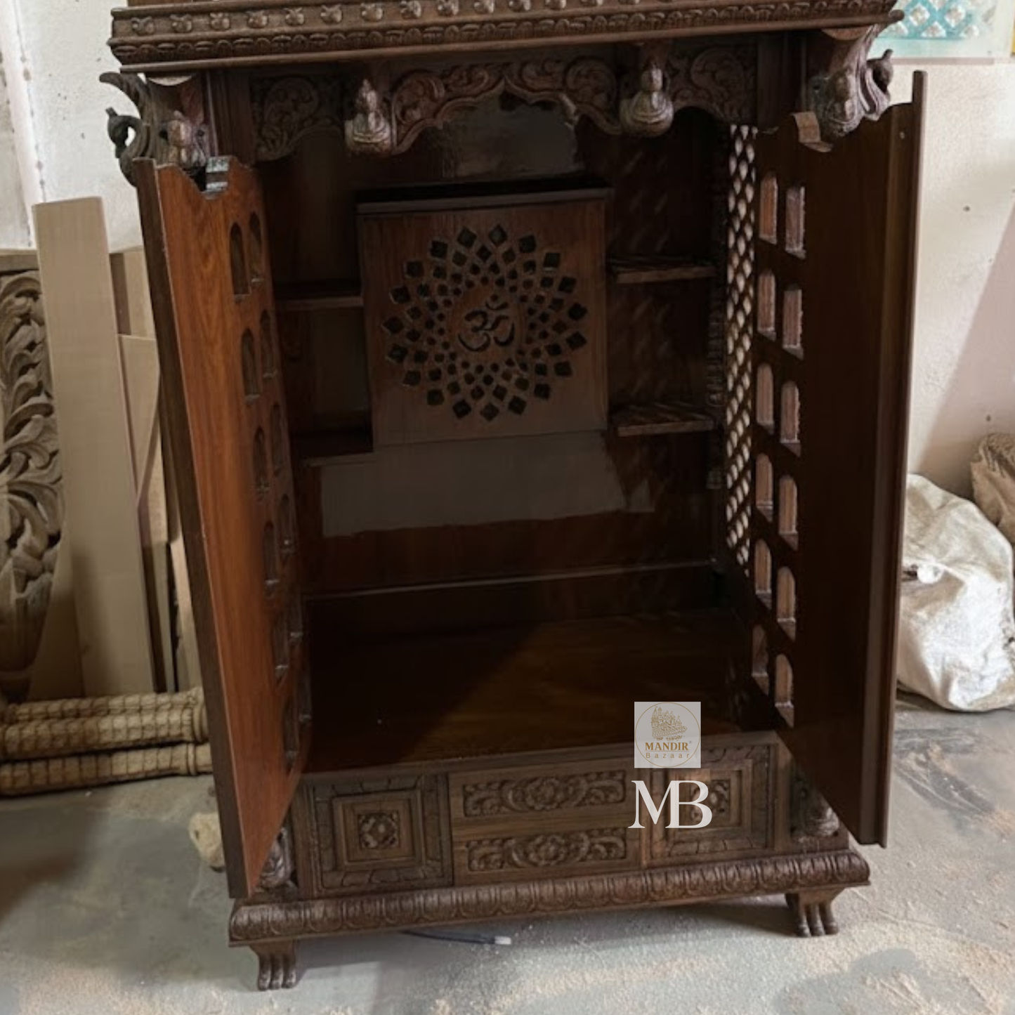 6 feet tall Sheesham wood home temple with brass bells, gold Ashtalakshmi doors, and Ganesha crown
