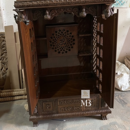 6 feet tall Sheesham wood home temple with brass bells, gold Ashtalakshmi doors, and Ganesha crown