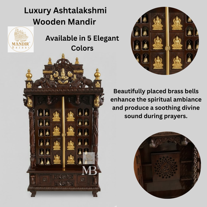 6 feet tall Sheesham wood home temple with brass bells, gold Ashtalakshmi doors, and Ganesha crown