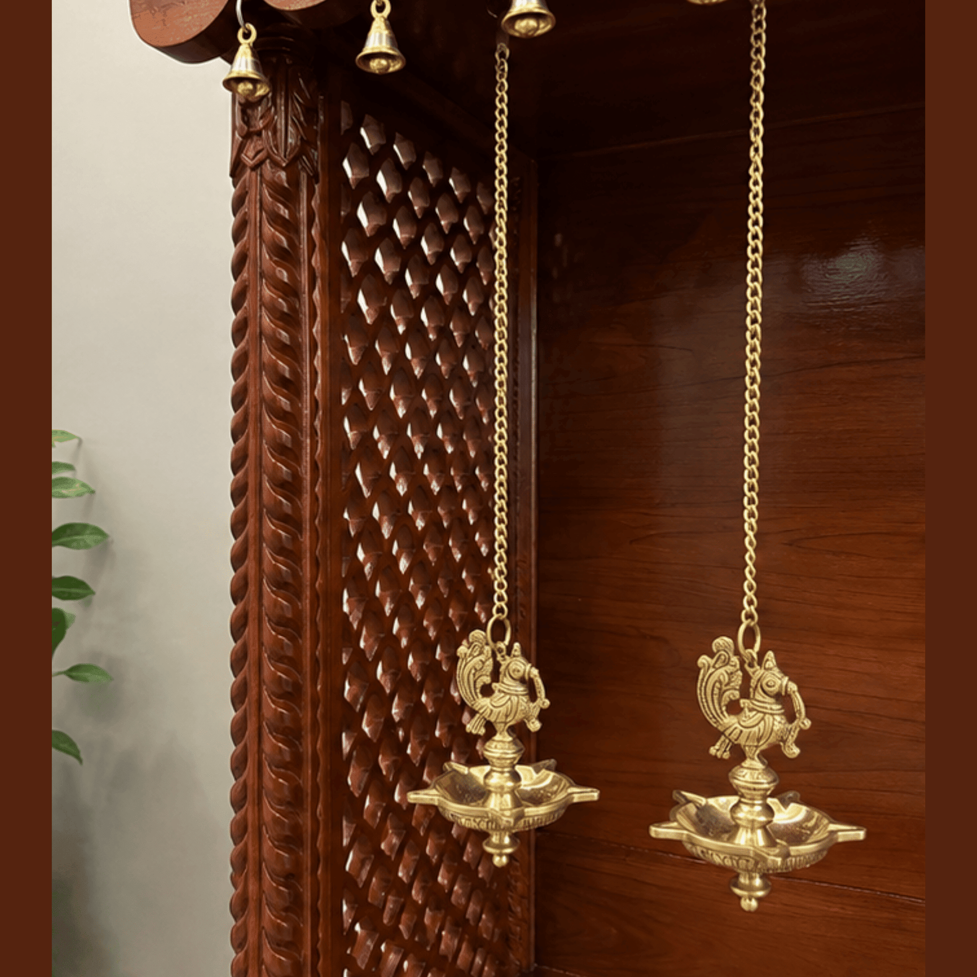 Brass hanging diya pair with peacock design and chain for home temple
