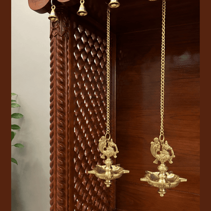 Brass hanging diya pair with peacock design and chain for home temple