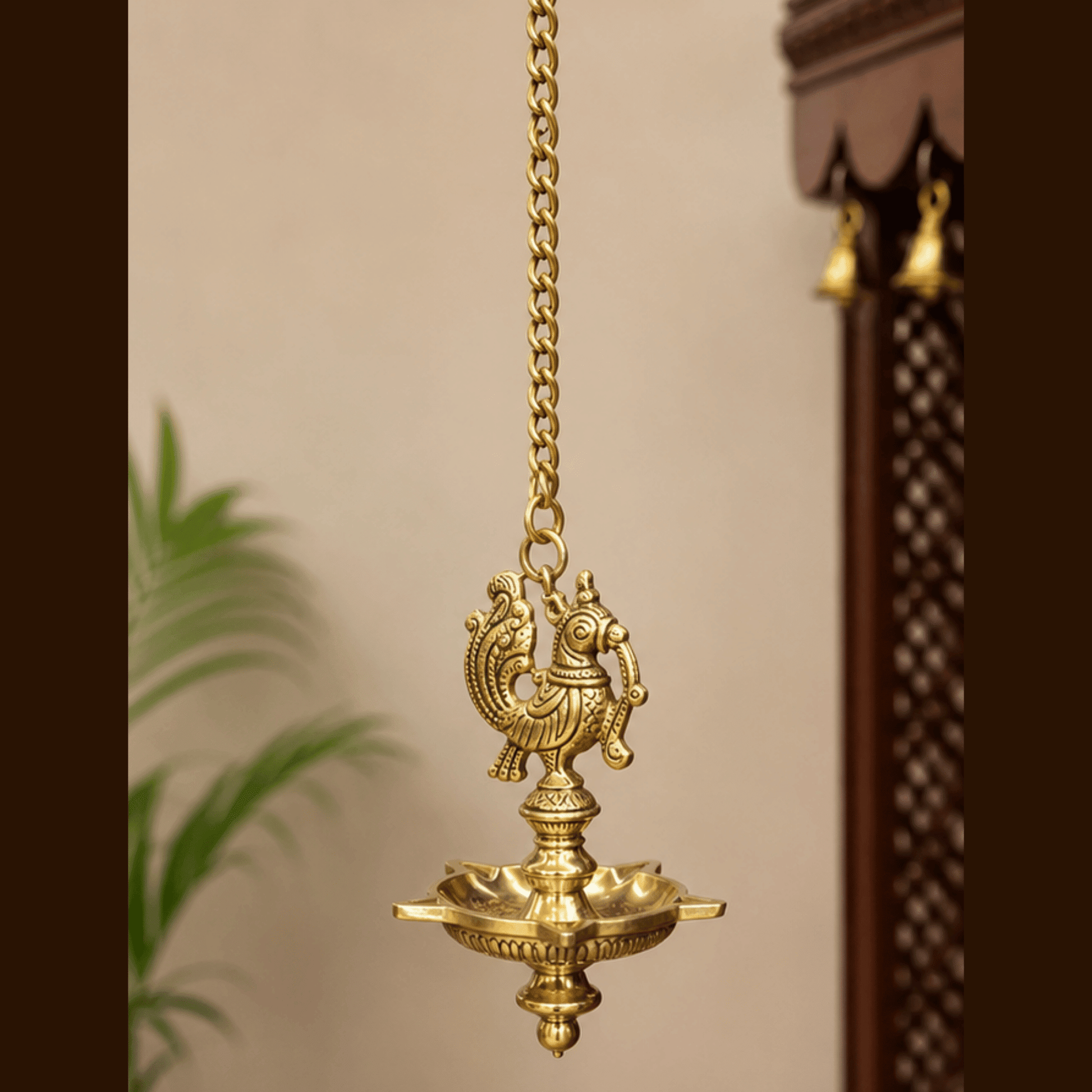 Peacock design brass hanging oil lamp for home temple