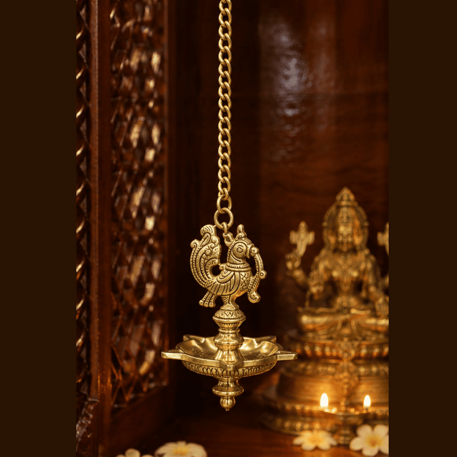 Golden brass peacock hanging lamp for temple decor