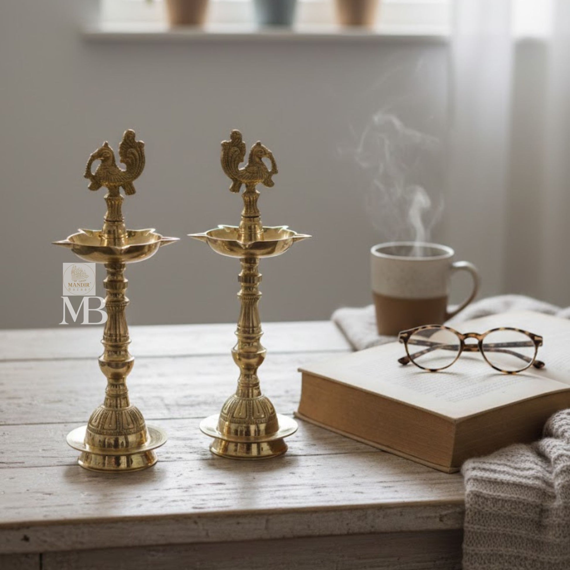 Golden brass standing diyas for Indian home temple decor
