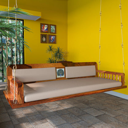 Handmade wooden swing with elegant cream upholstery