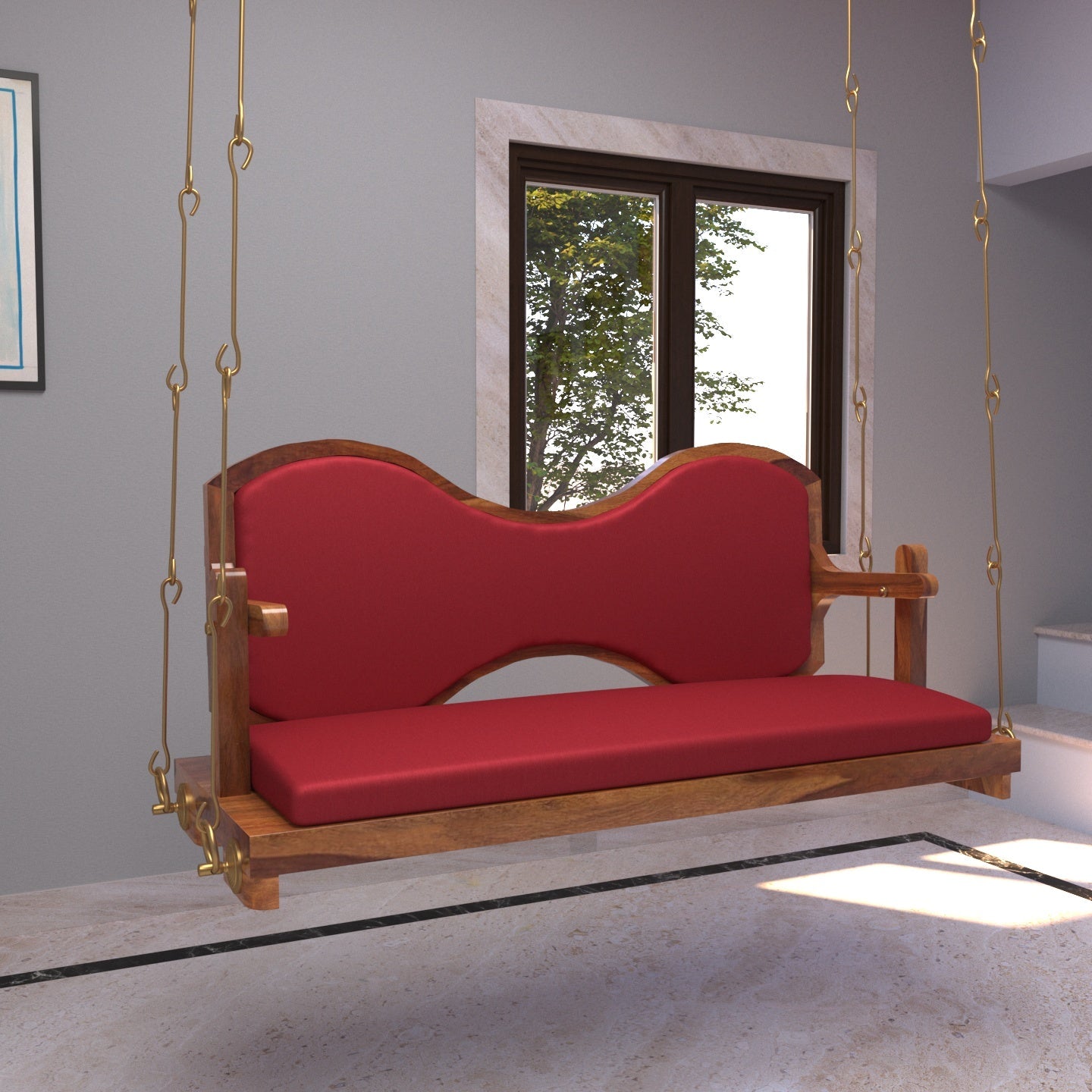 Classic cherry reddish boomerang back wooden swing with velvet cushion