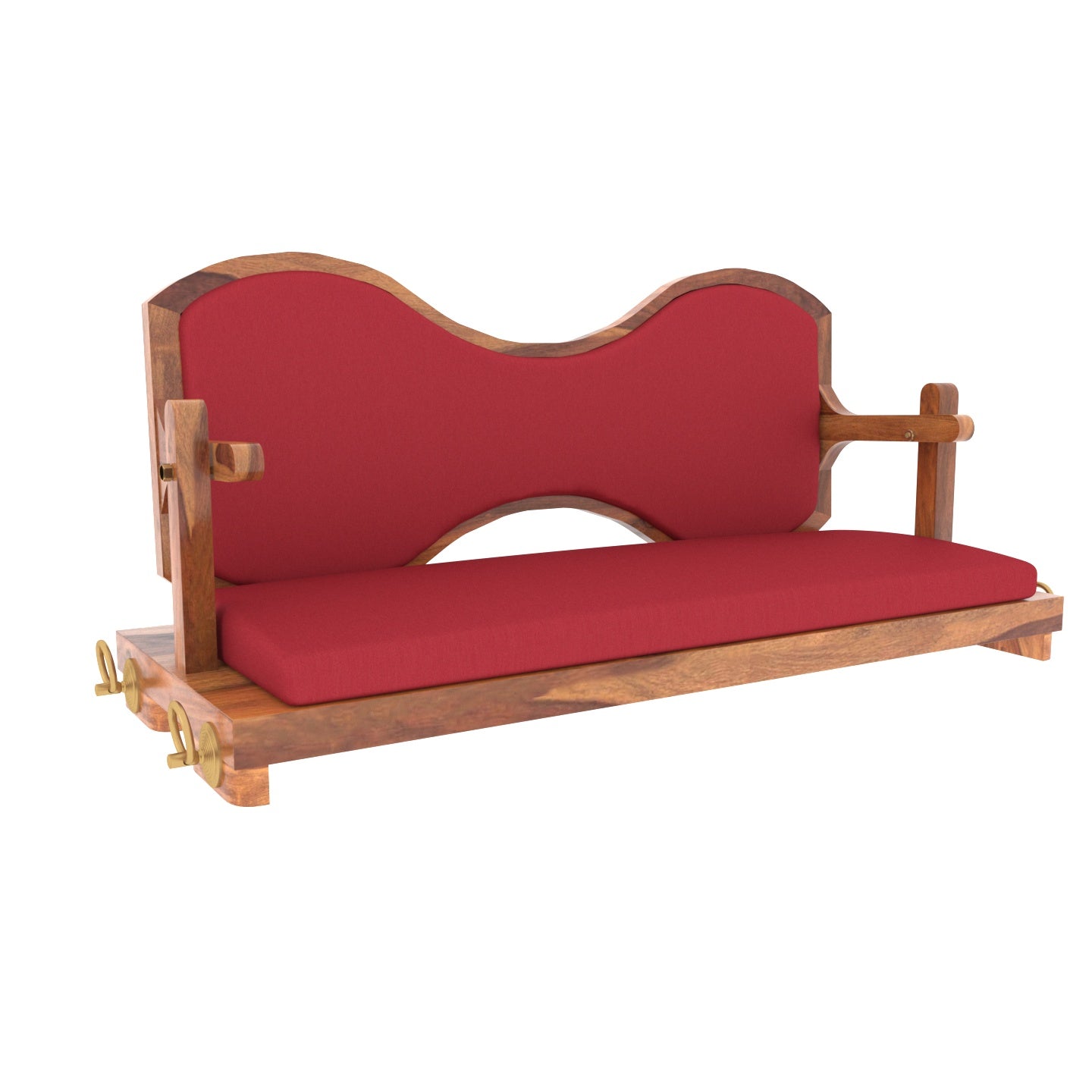 Velvet cushioned boomerang style wooden swing for living room
