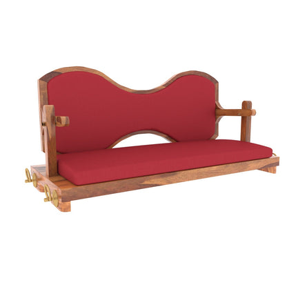 Velvet cushioned boomerang style wooden swing for living room