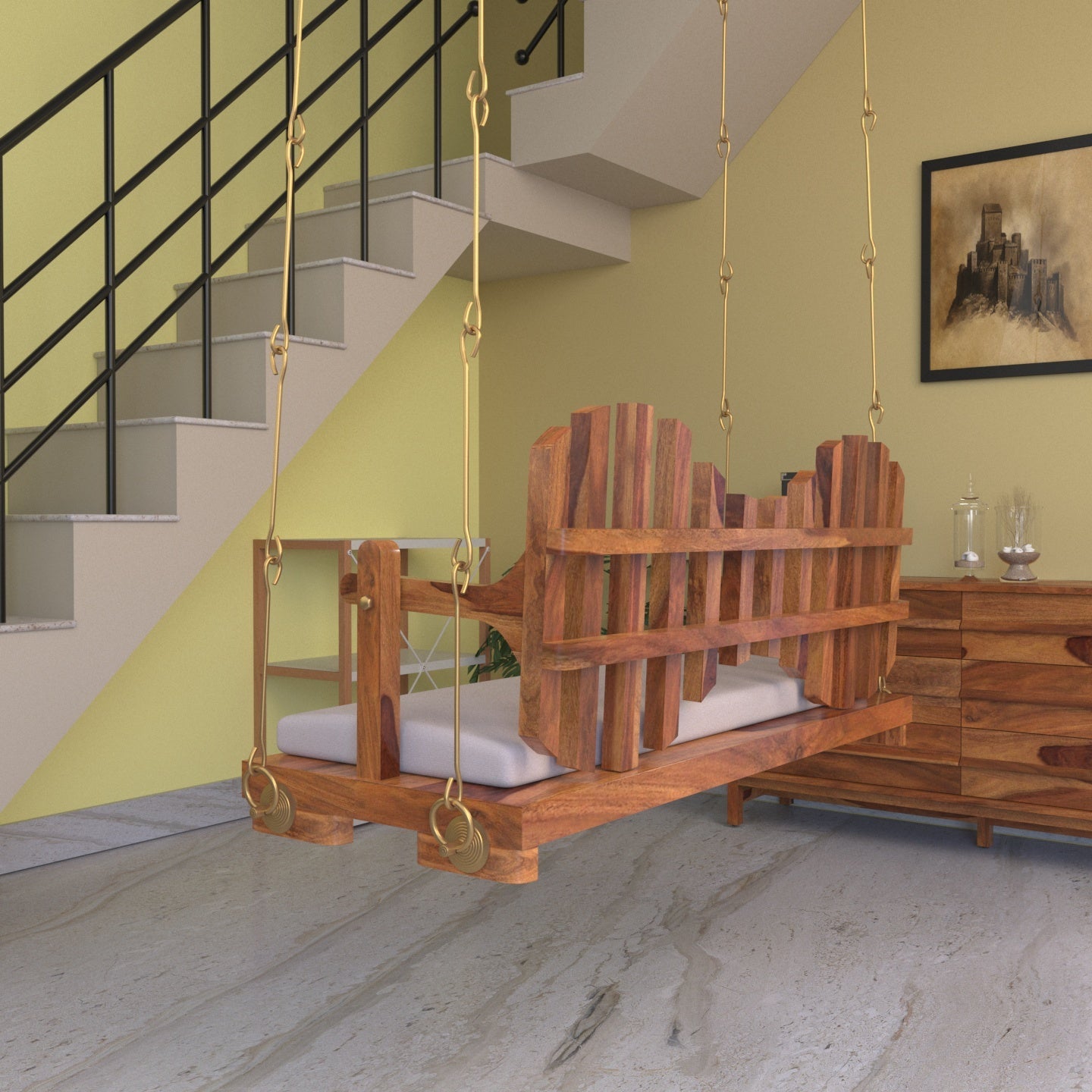 Classic wooden swing with comfortable velvet cushion