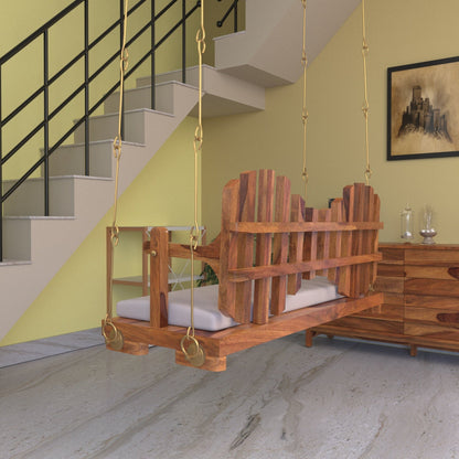 Classic wooden swing with comfortable velvet cushion