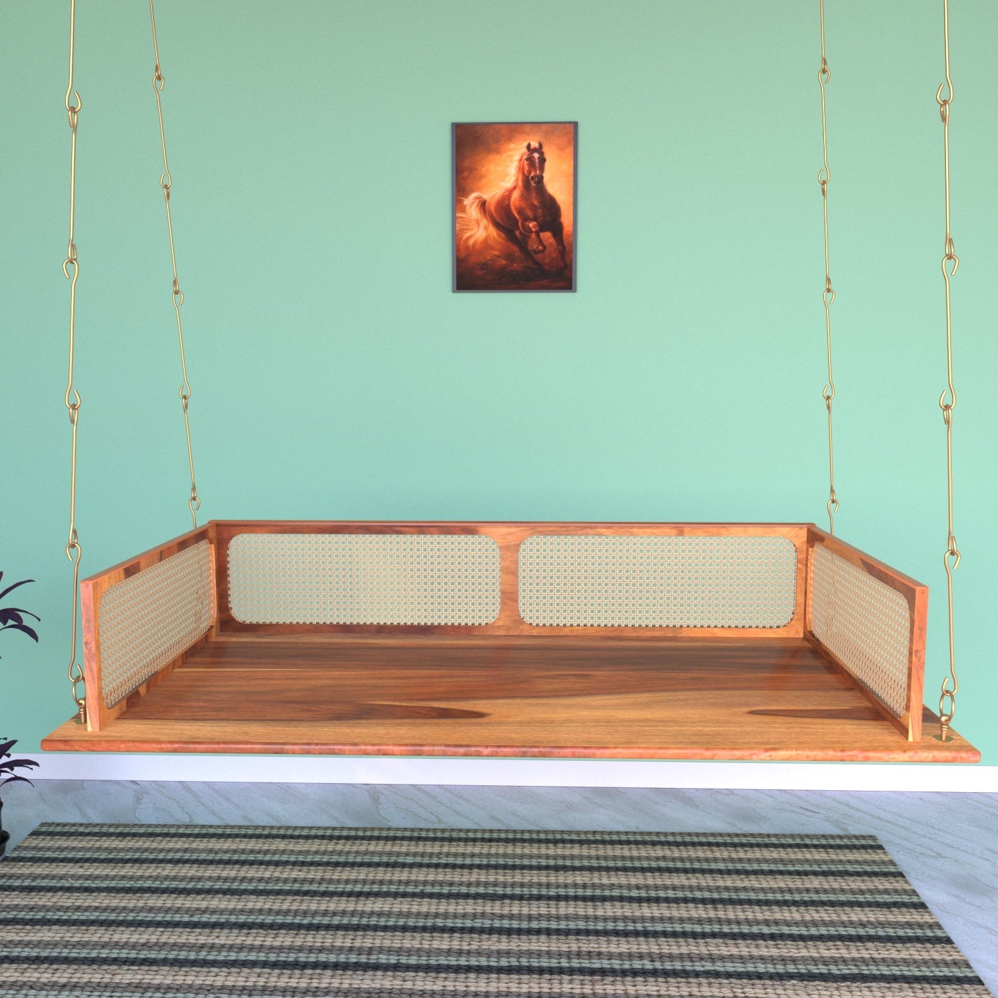 Montage style wooden jhula with authentic cane detailing