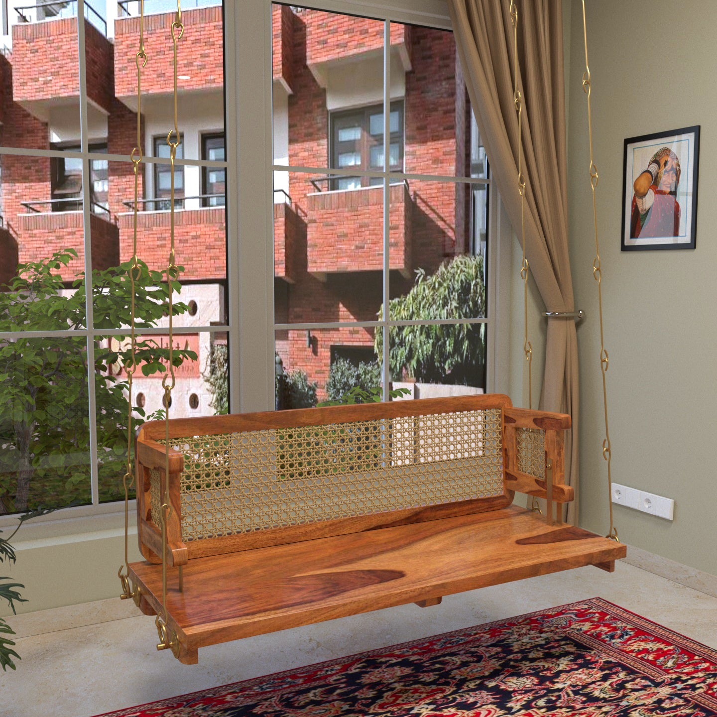 Classic reversible cane back wooden swing for home