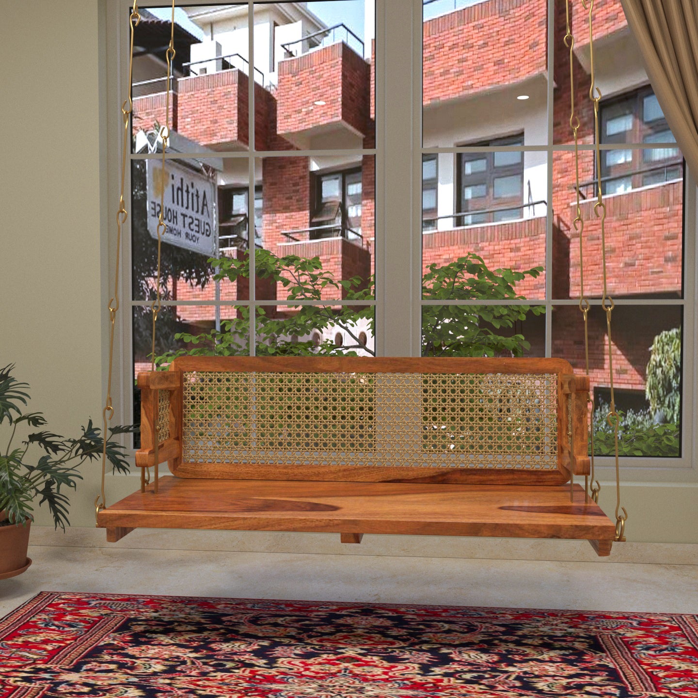 Handmade cane back wooden jhula with classic Indian design
