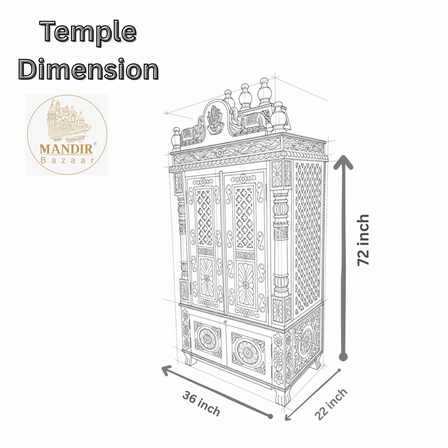 Wooden mandir with carved Ganesha design and decorative elephant motifs