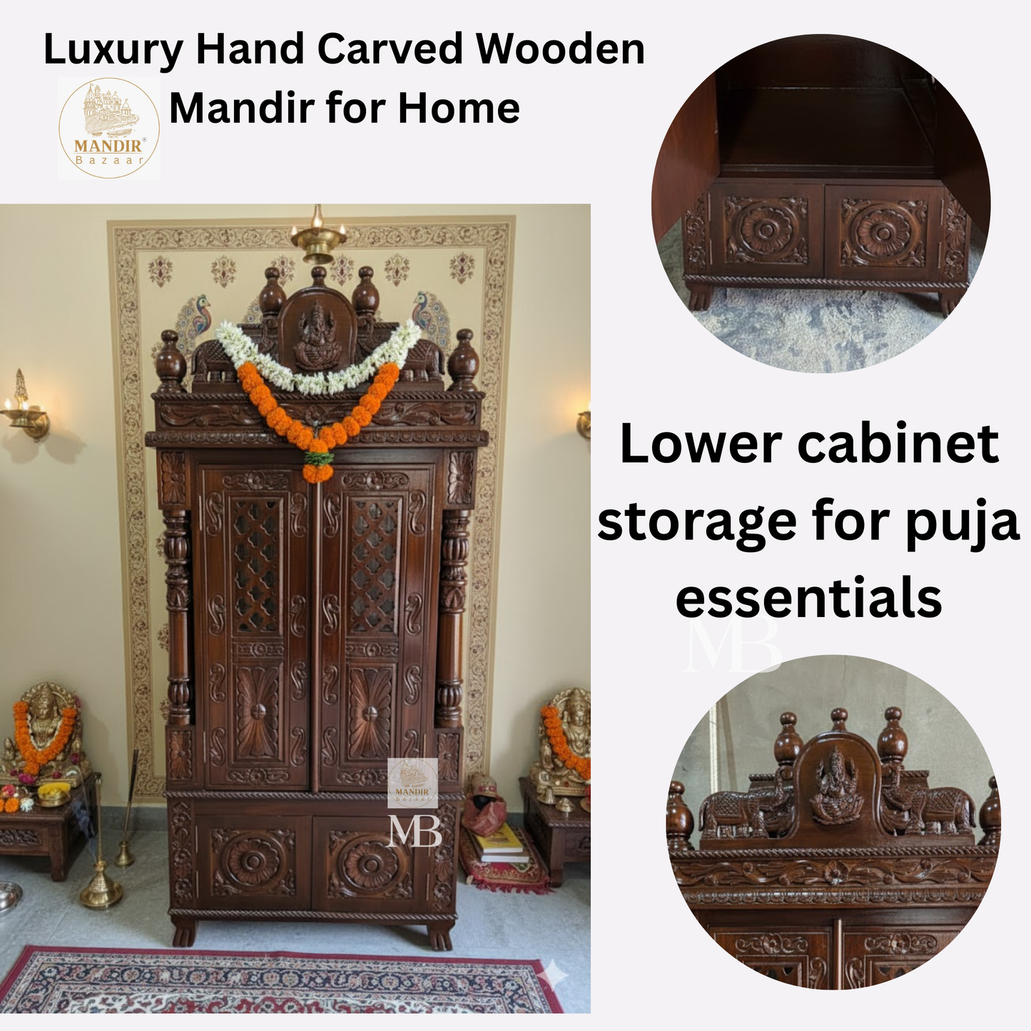 Wooden pooja temple with decorative carved jaali doors