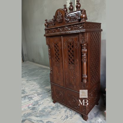 Wooden mandir with two carved storage drawers for pooja essentials