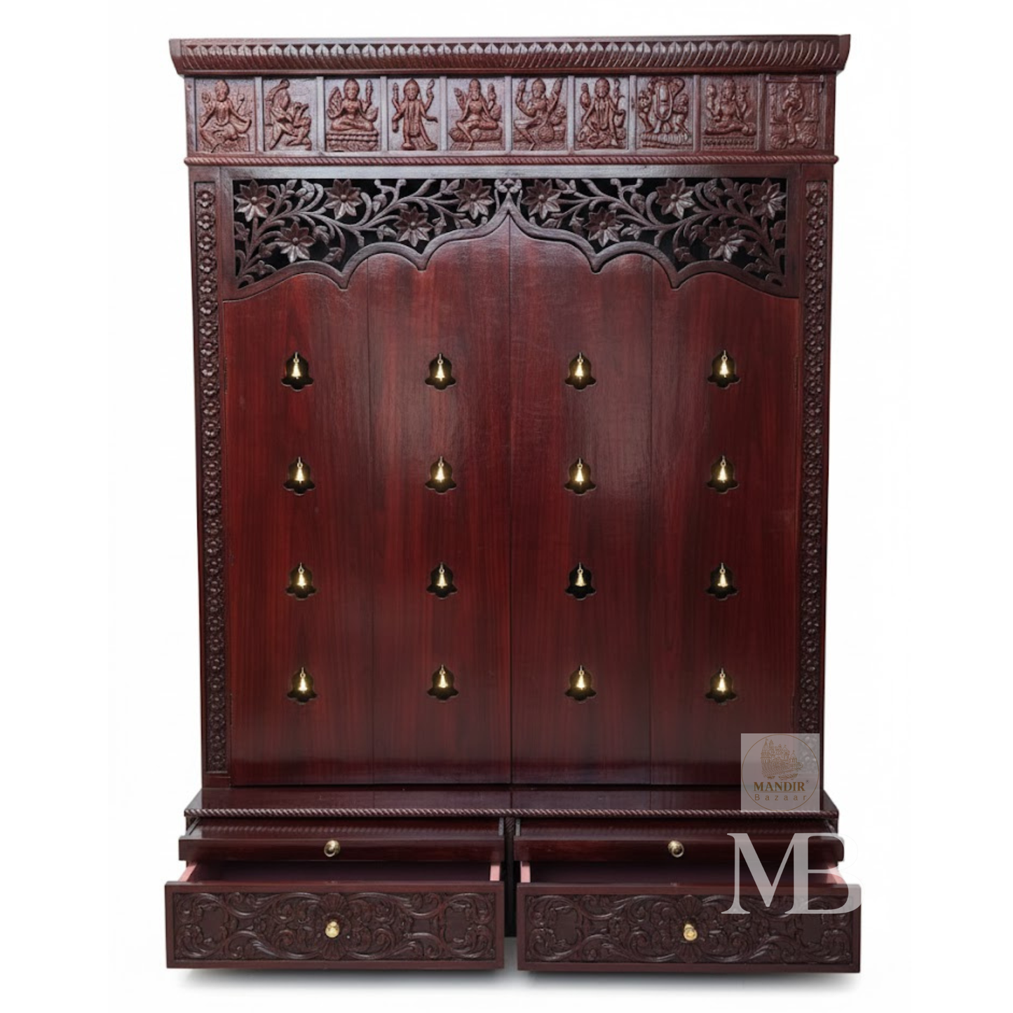 Dark brown wooden pooja mandir with carved floral panels, brass bell accents and spacious storage drawers