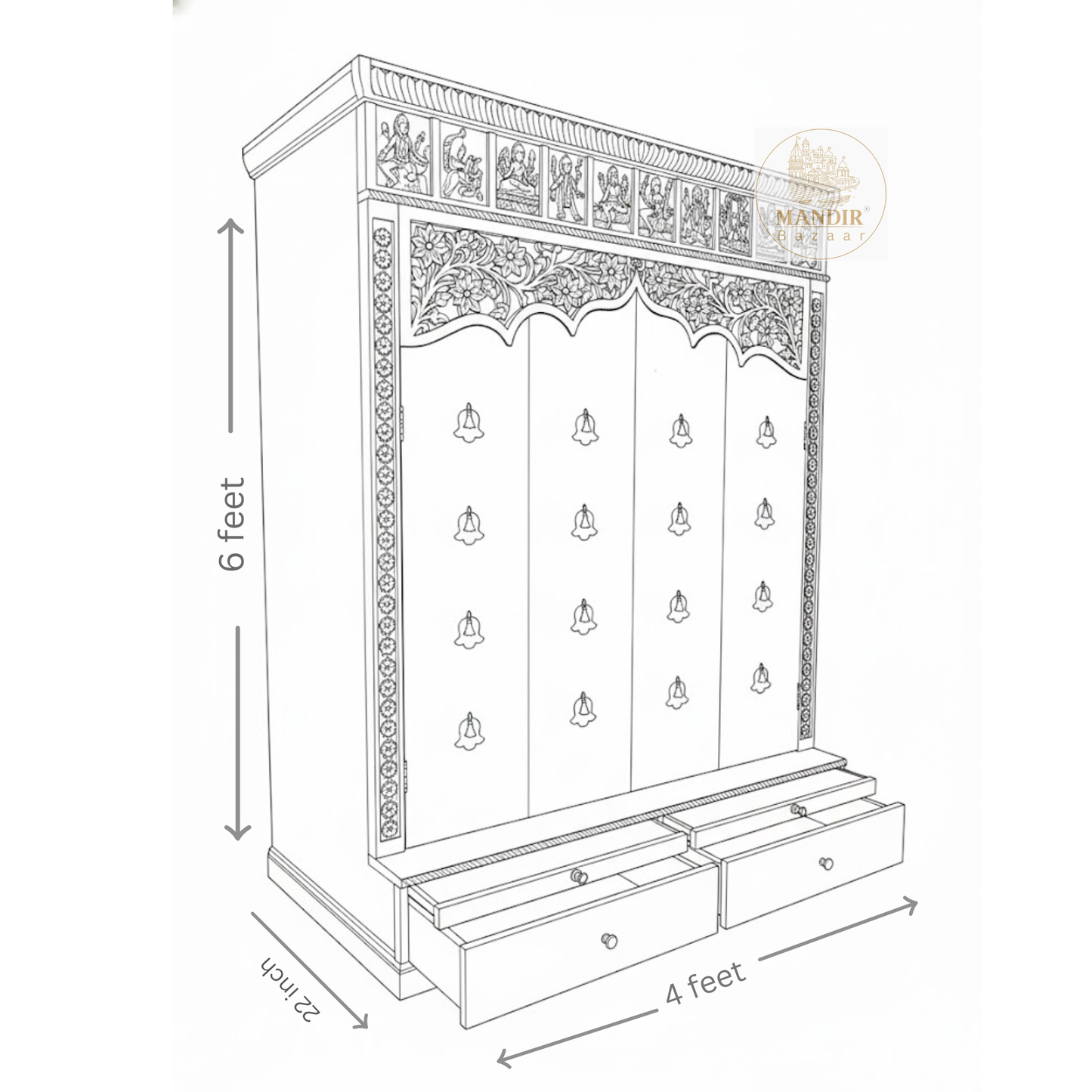 Dark brown wooden pooja mandir with carved floral doors, brass bell details and storage drawers