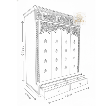 Dark brown wooden pooja mandir with carved floral doors, brass bell details and storage drawers