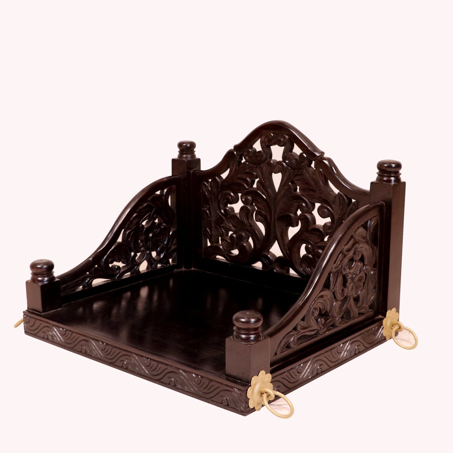 Dark tone carved single seater wooden swing for home