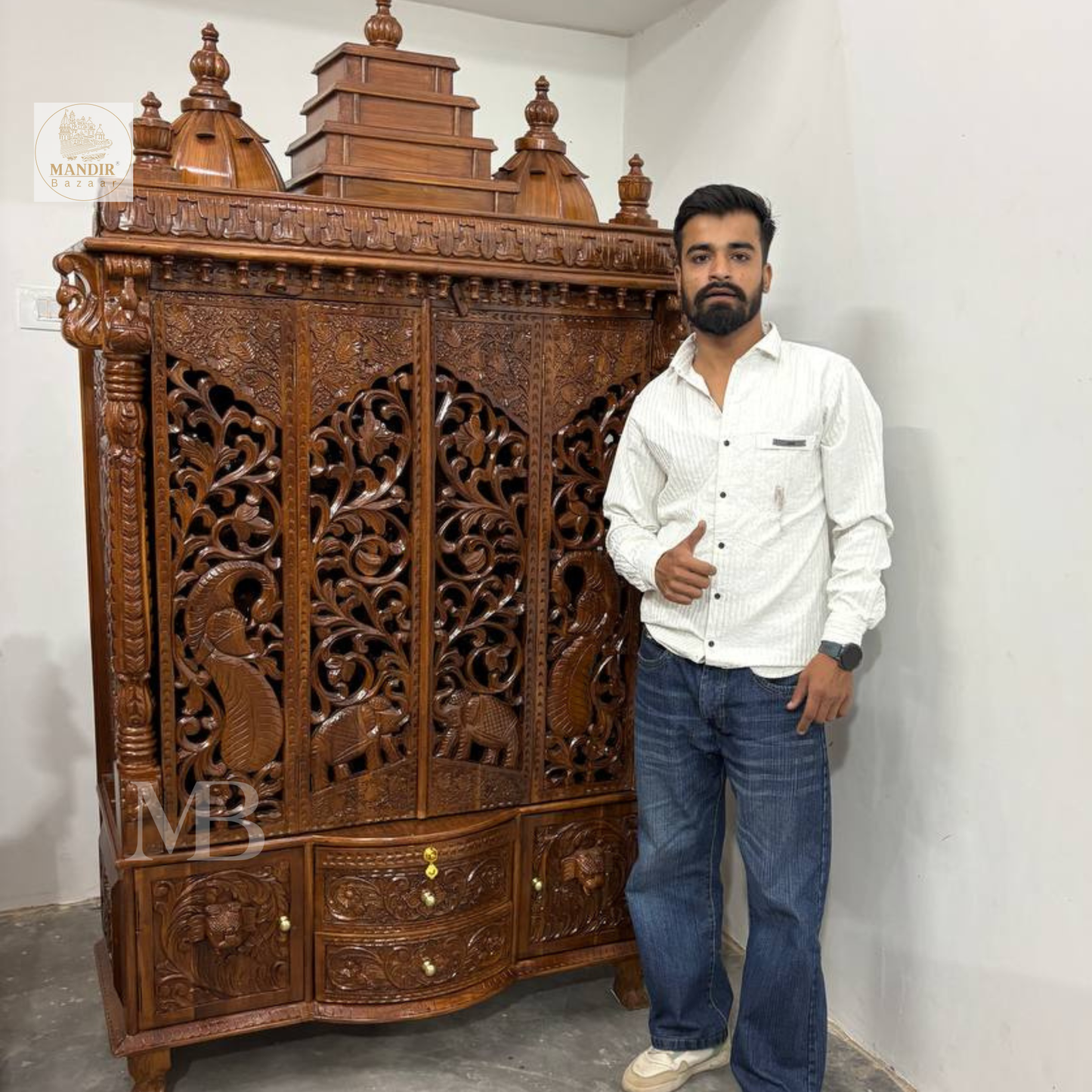 Enclosed wooden home temple with opening decorative doors