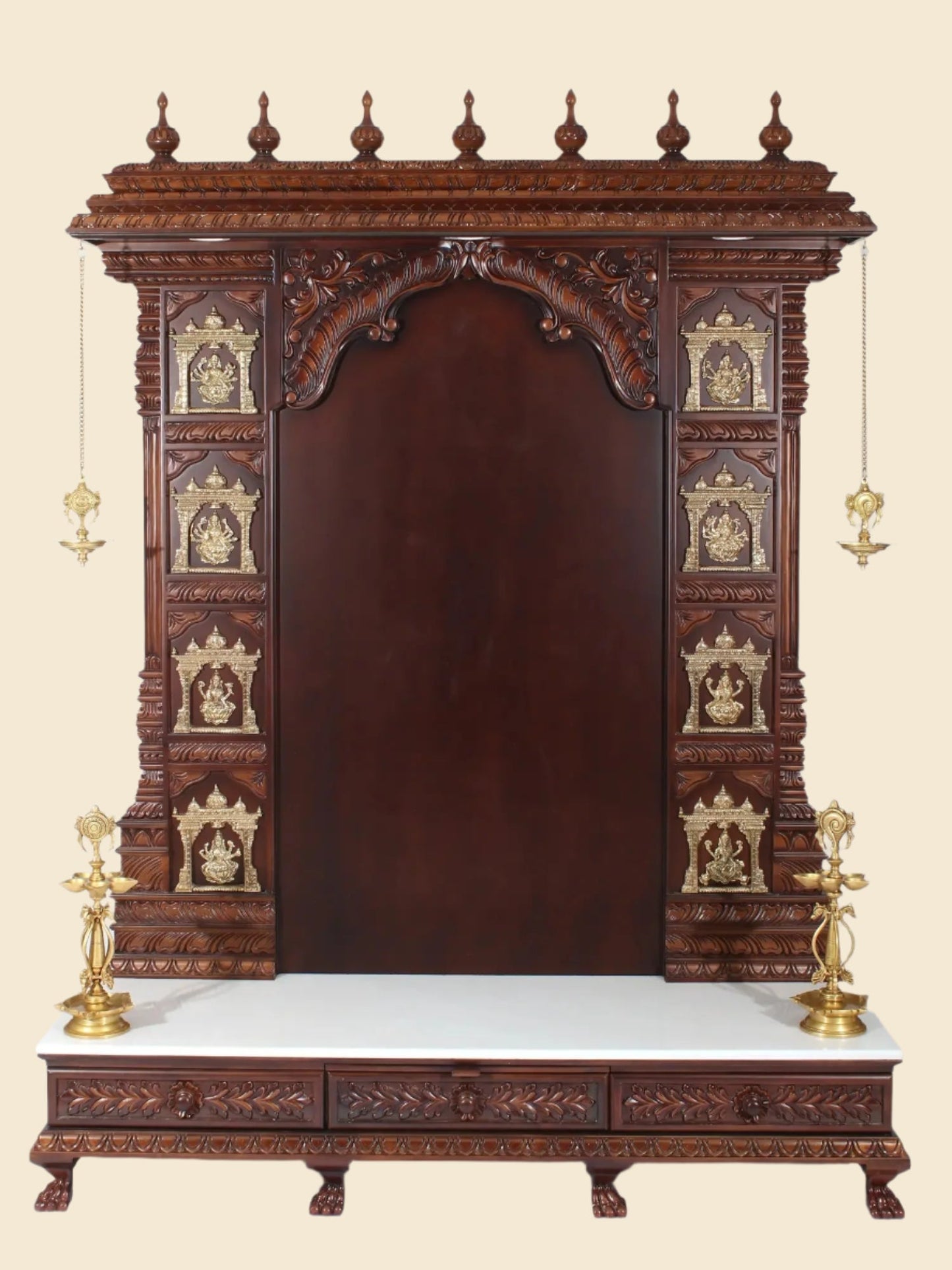 Extra large Ashta Lakshmi wooden and marble temple for home with brass lamps