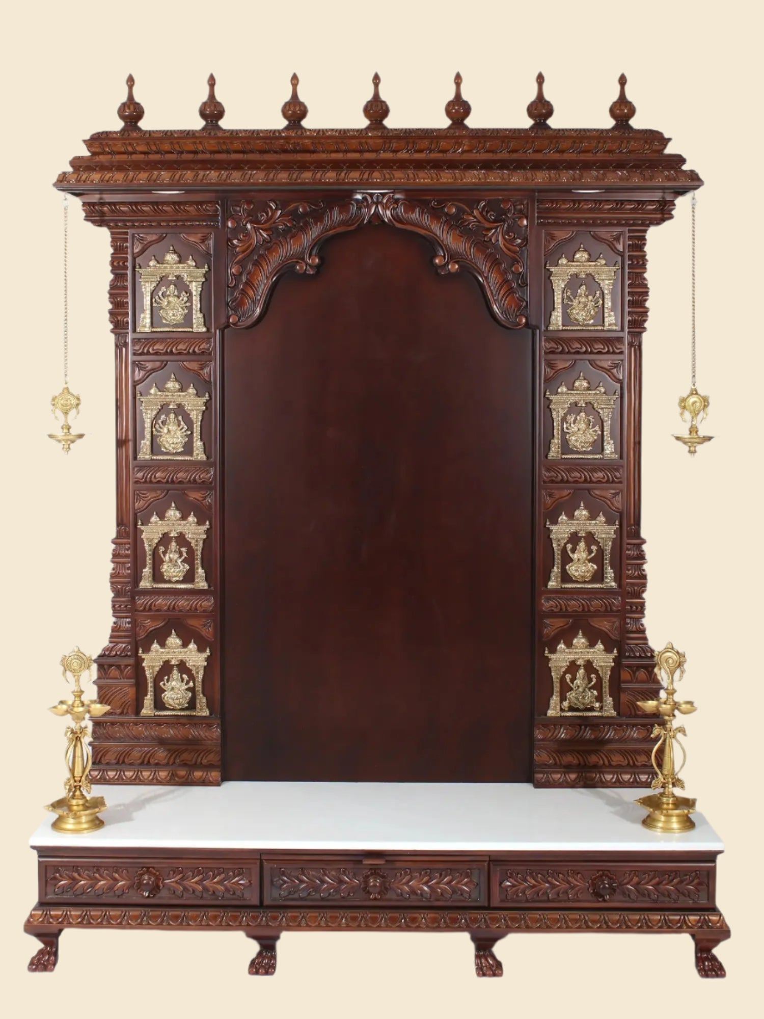 Extra large Ashta Lakshmi wooden and marble temple for home with brass lamps