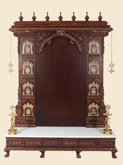 Extra large Ashta Lakshmi wooden and marble temple for home with brass lamps