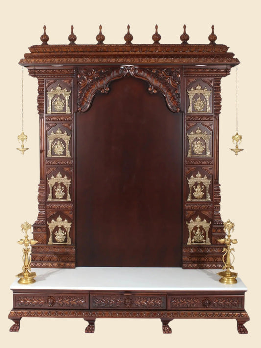 Extra large Ashta Lakshmi wooden and marble temple for home with brass lamps