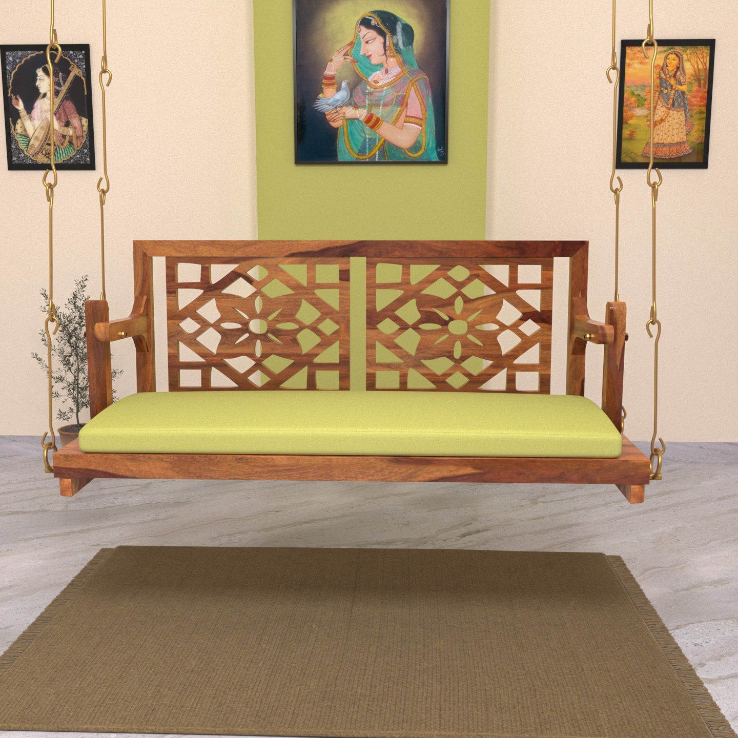 Fusion flower carved back handmade wooden swing
