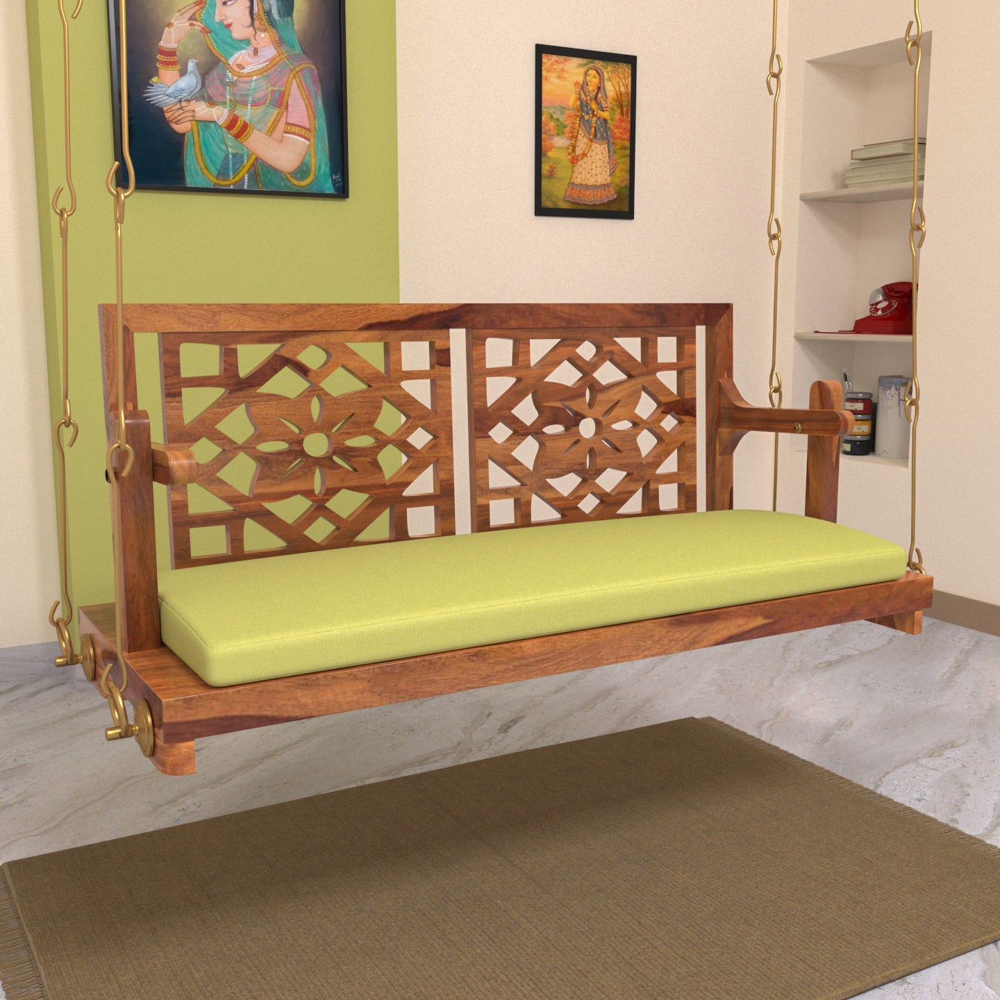  Floral carved wooden jhula with velvet upholstered seat