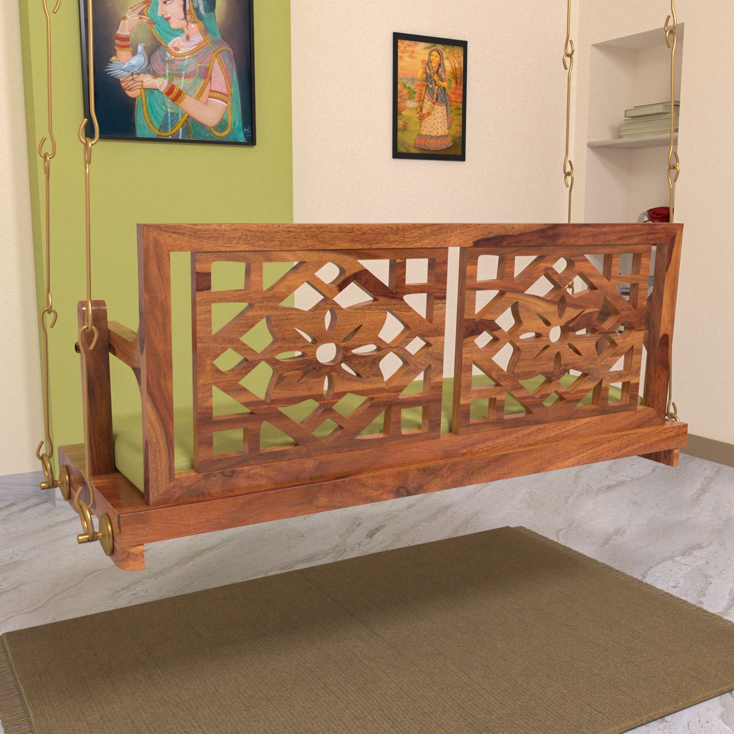 Handmade flower carved wooden swing for home