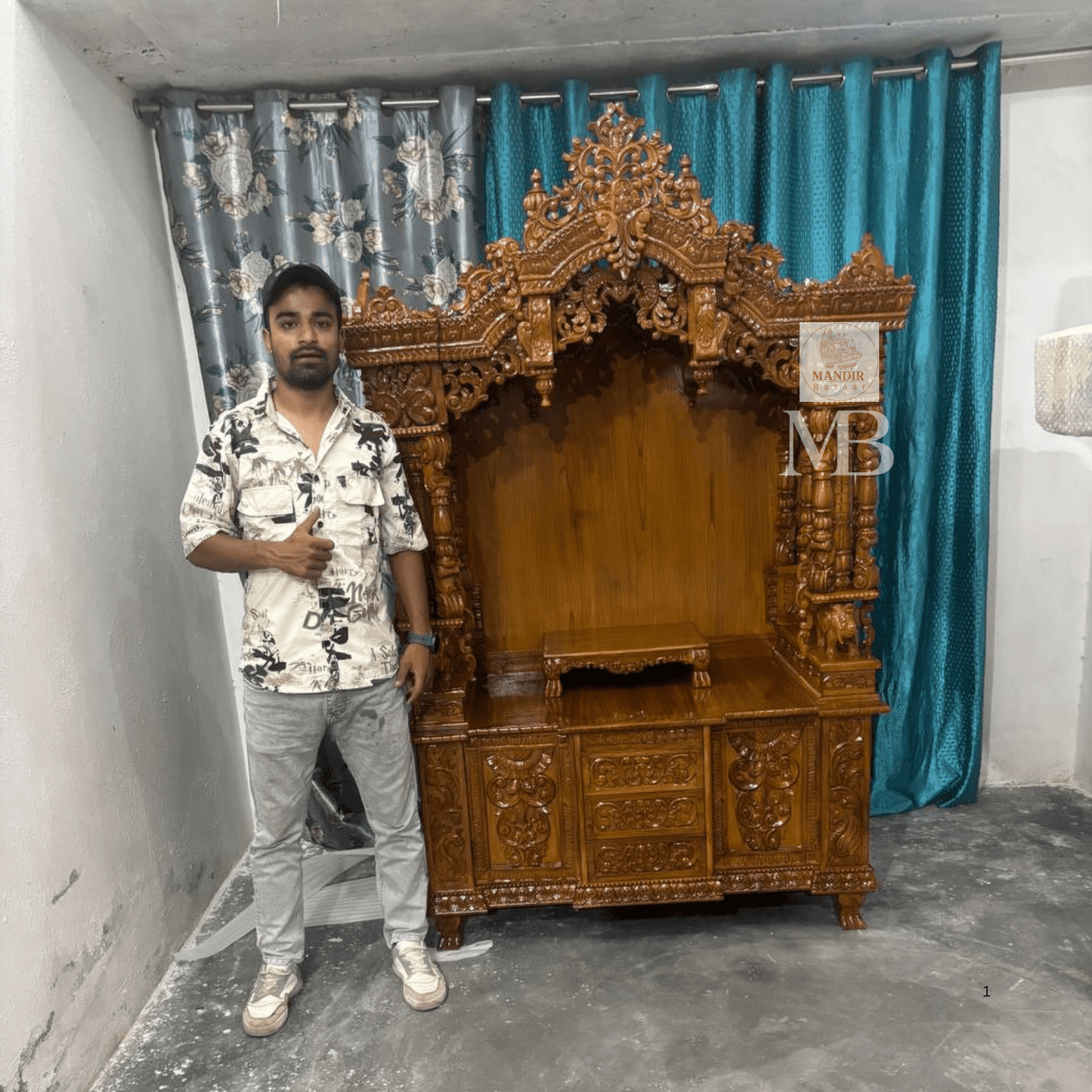 Grand carved wooden home temple with traditional Indian temple design