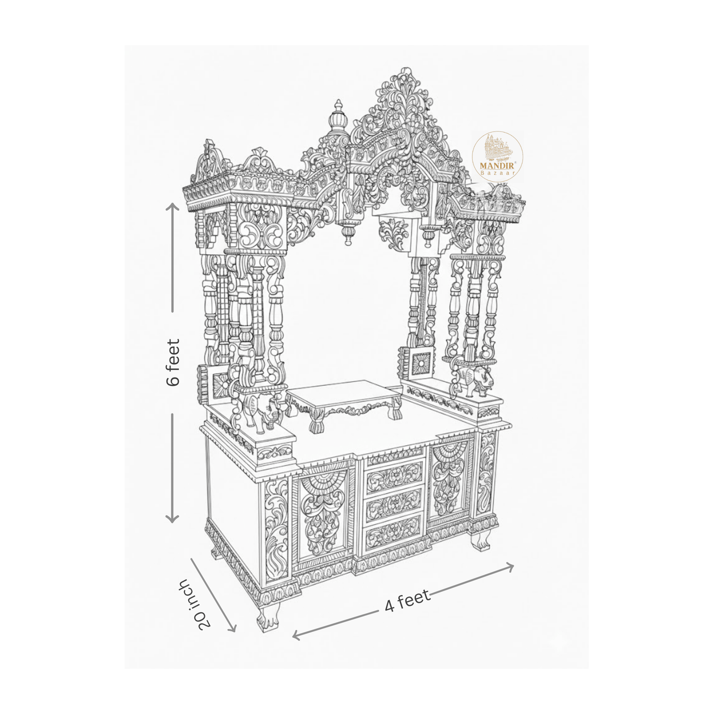 Intricate carved wooden mandir crown with traditional floral detailing