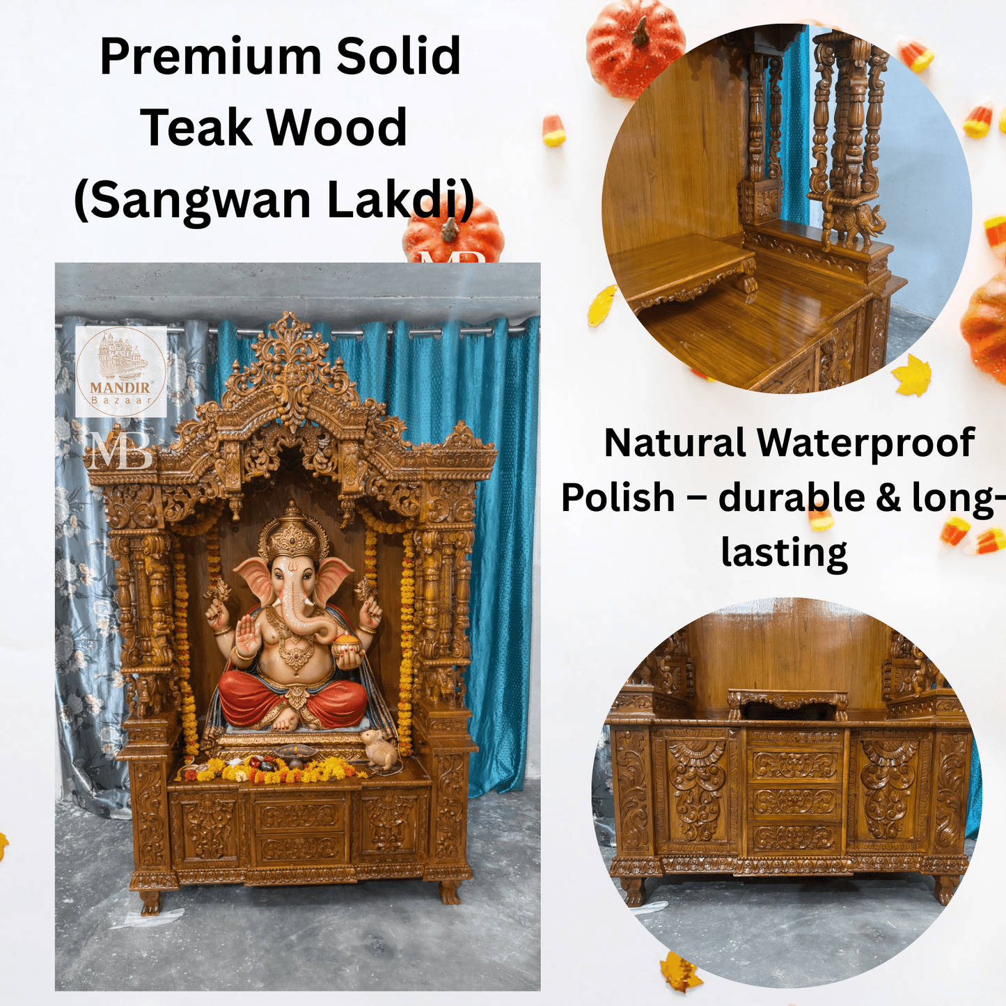 Intricate carved wooden mandir crown with traditional floral detailing